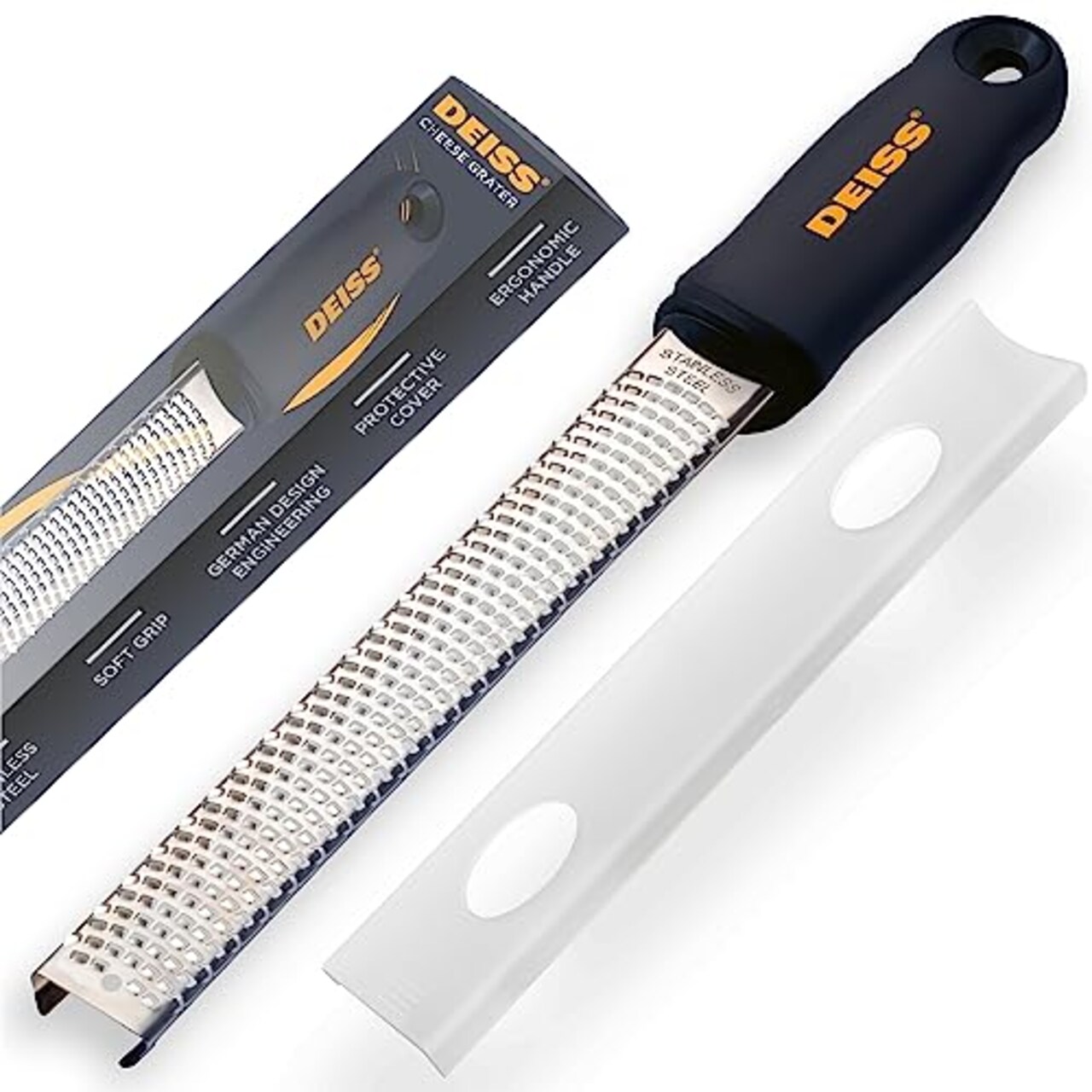 PRO Citrus Zester & Cheese Grater - Parmesan Cheese Lemon, Ginger, Garlic, Nutmeg, Chocolate, Vegetables, Fruits - Razor-Sharp Stainless Steel Blade, Wide, Dishwasher Safe (BLACK)